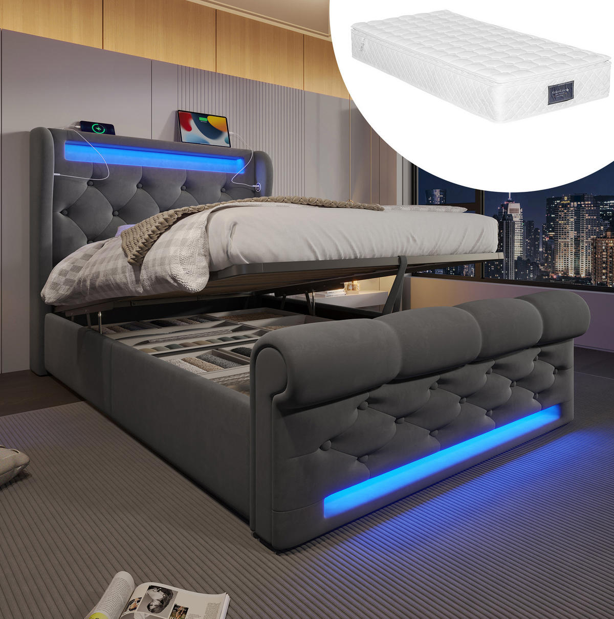POLSTERBETT mit LED und Stauraum 90x200 cm Samt Grau inkl. Matratze - Grau, Metall (90/200cm) - Meubliv