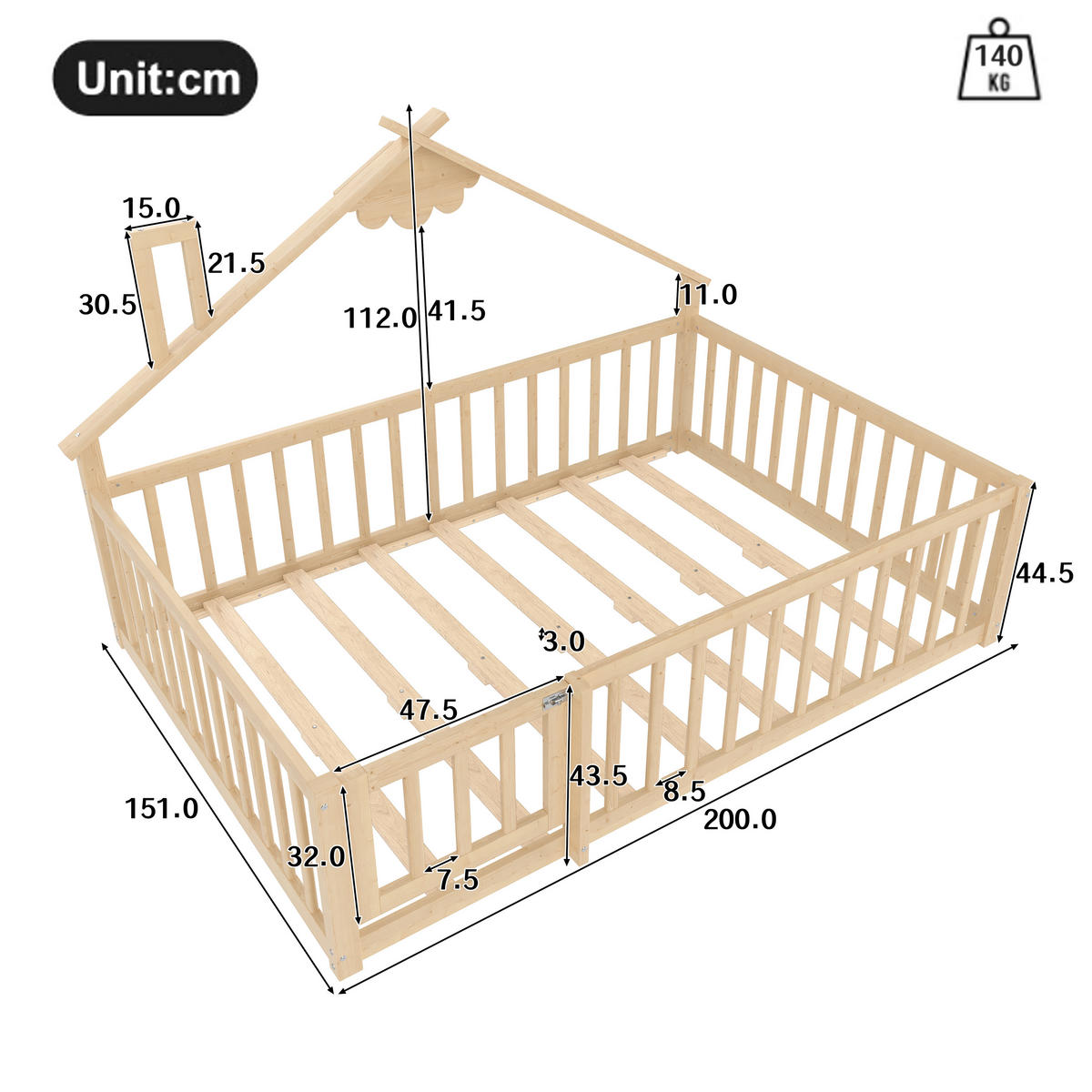 FLACHBETT 140/190 cm Natur Kiefernholz mit Geländer und Schloss - Naturfarben, Holz (140/190cm) - OKWISH