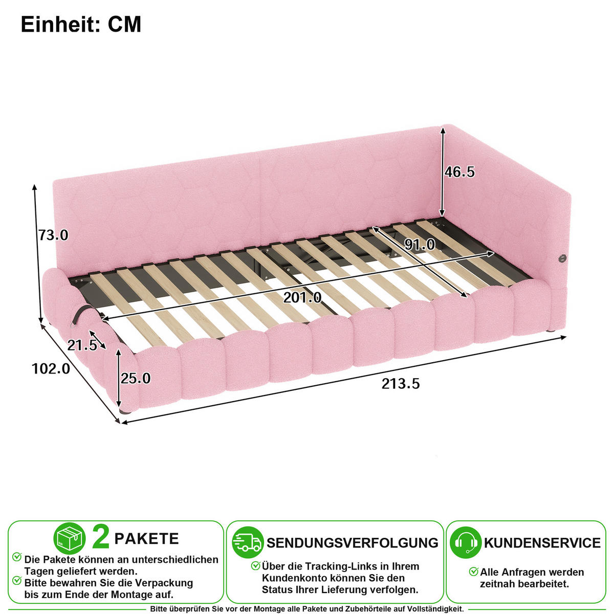 BETT 90/200 cm in Rosa mit Bettkasten, LED, USB und Type-C - Rosa, Holzwerkstoff/Textil (90/200cm) - CHICFURN