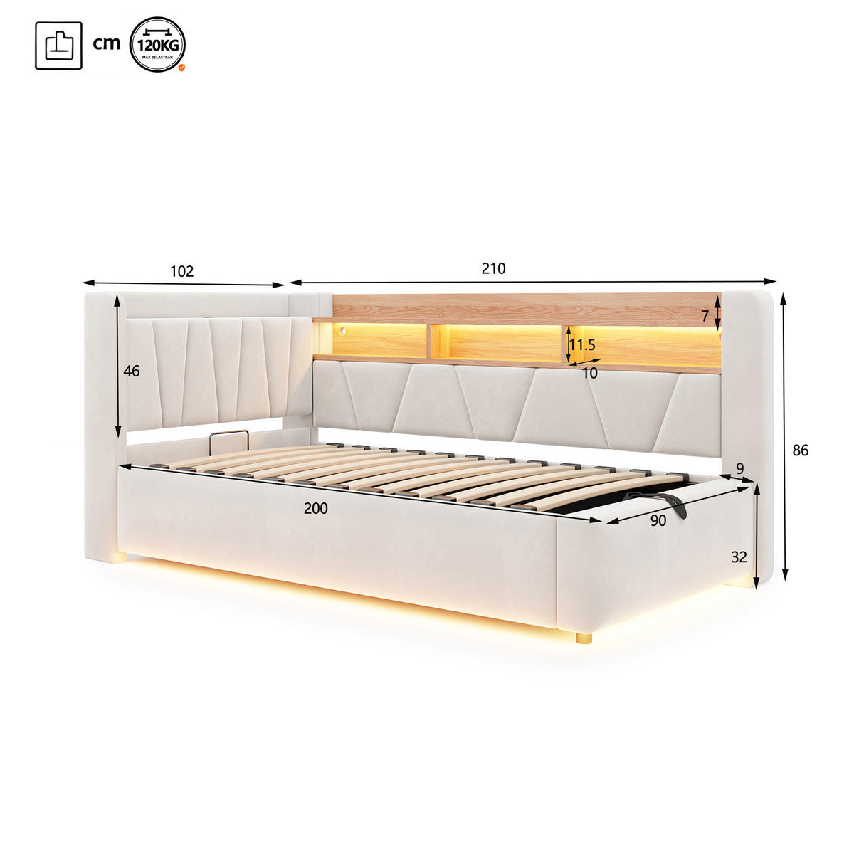 BOXBETT 90/200 mit LED/Regal/USB/Bettkasten, Samt, Beige - Beige, Holz (90/200cm) - LVHOM