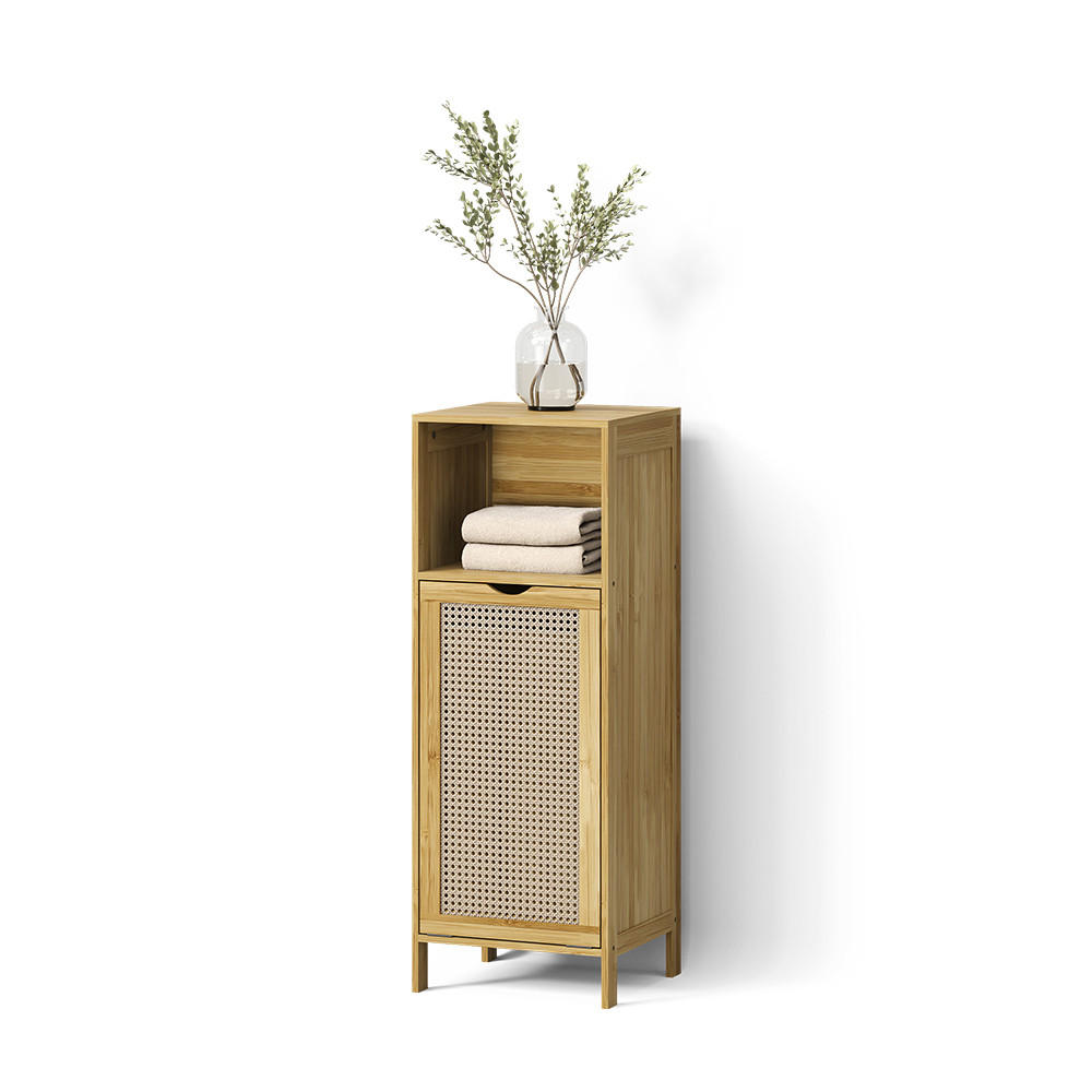 BADSCHRANK Mincio, Bambus, 36 x 98 cm mit Wäschekorb - Naturfarben, Holzwerkstoff (36/98/33cm) - Livinity®