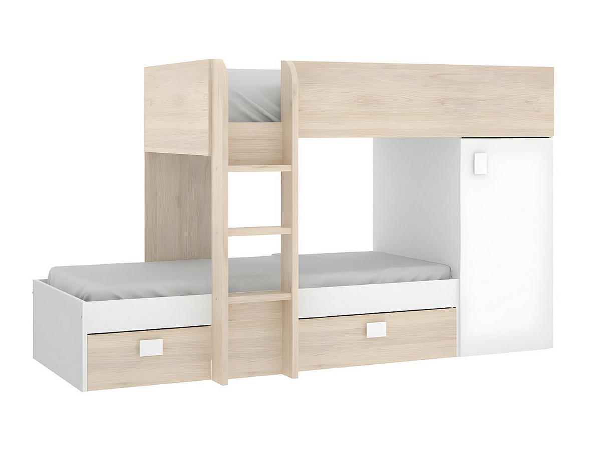ECK-HOCHBETT modulierbar - 2 x 90 x 190 cm - mit Stauraum - Holzfarben & Weiß + Matratze - RICARDO - Naturfarben/Weiß, Holz (111/255cm) - Vente-Unique