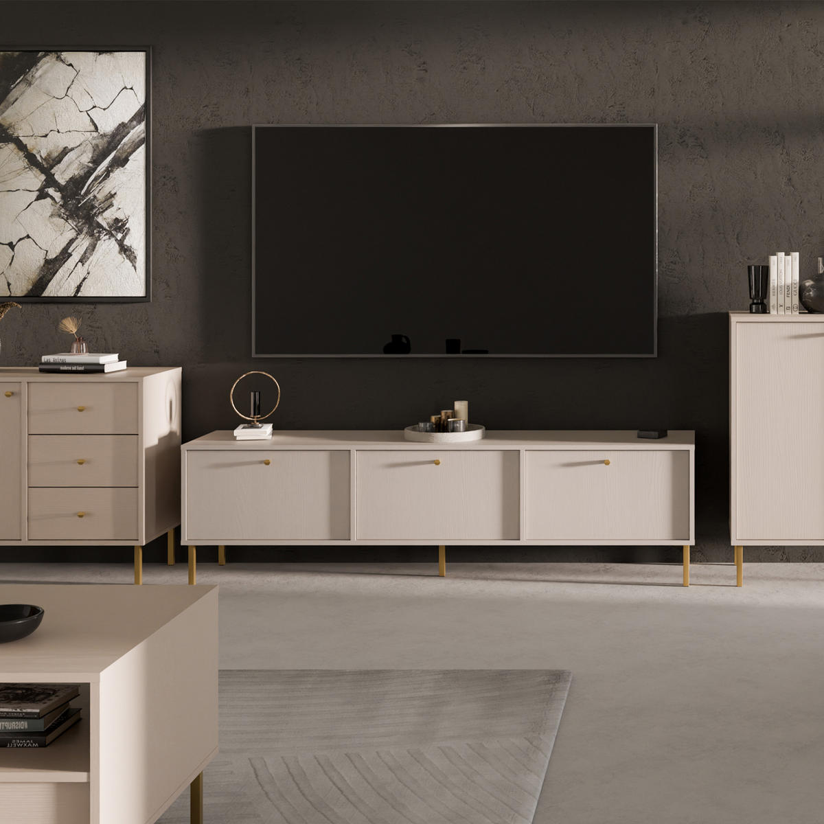 TV-LOWBOARD FLOREN, Creme/Gold - Creme, Holzwerkstoff/Metall (180/50/40.8cm) - KONSIMO®