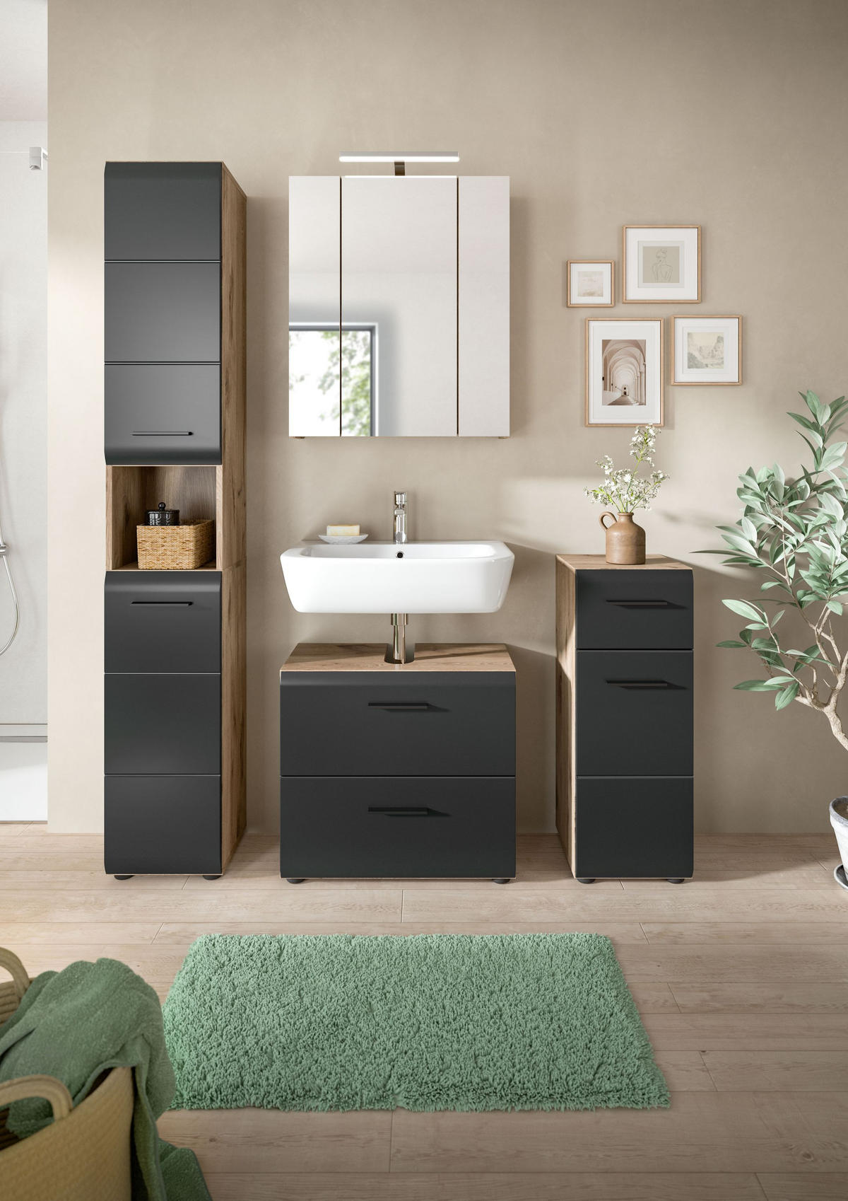 BADEZIMMER Alba 5-tlg. (B/H/T: ca. 150/185/30 cm) in Nox Oak /schwarz matt - Eichefarben, Holz (150/185/30cm)