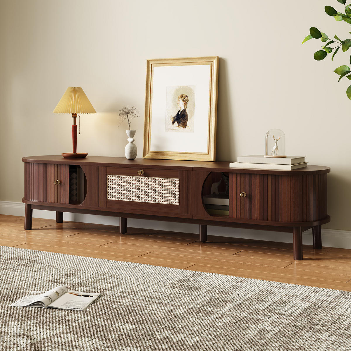 TV-LOWBOARD 170/39,5/38 cm in Natur mit Rattanschubladen und Türen - Eichefarben, Holzwerkstoff (170/38/39.5cm) - Flora Grace