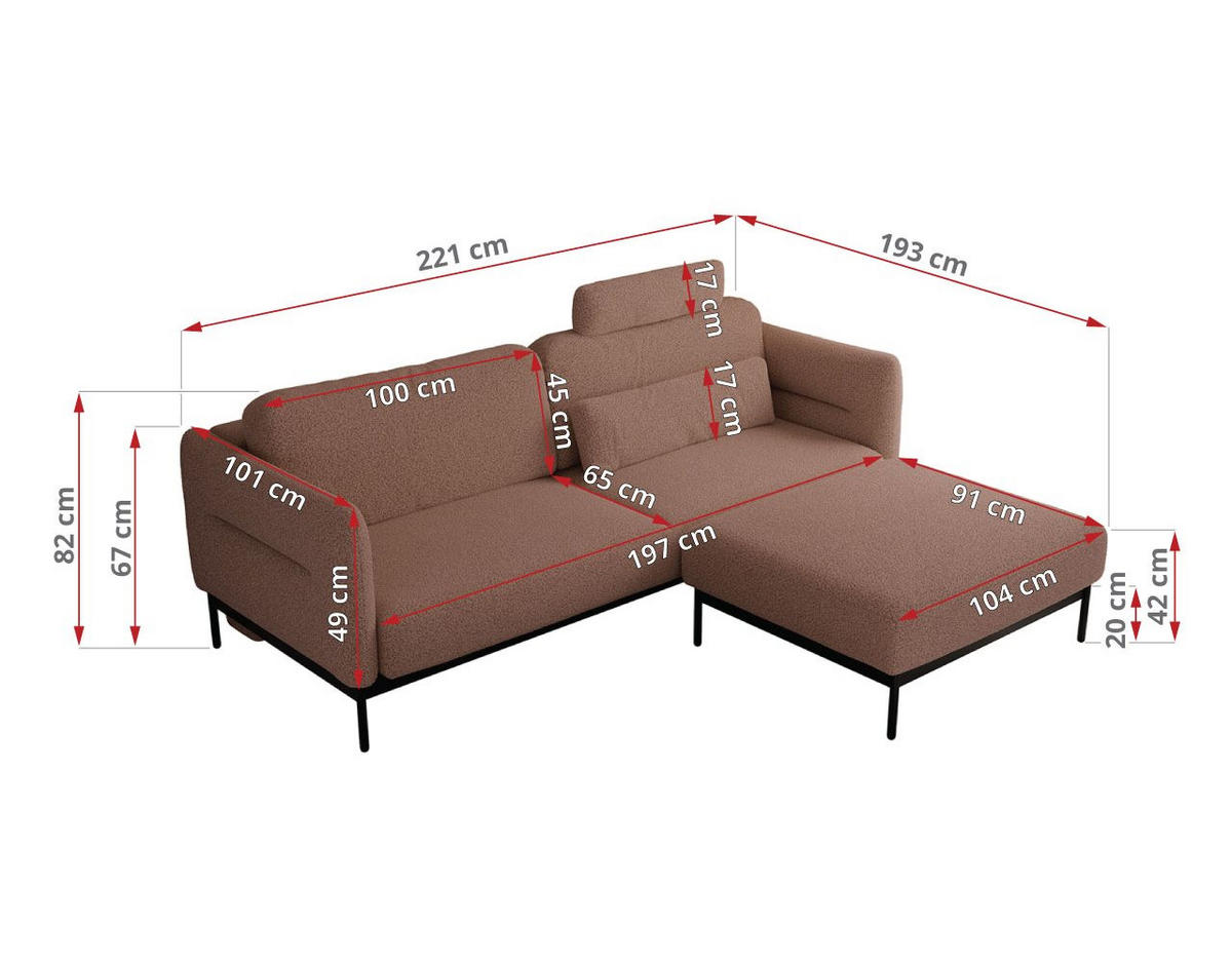 SCHLAFSOFA SALENTO Rosa Boucle - Schwarz/Rosa, Textil/Metall (221/82/193cm) - MKS