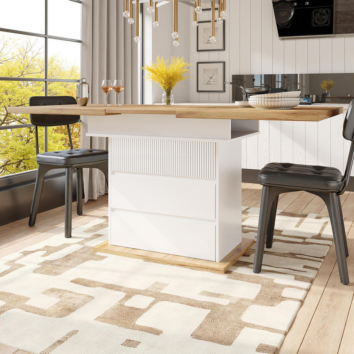 JÍDELNÍ stůl 110-140/80/75 cm přírodní/bílý z MDF s rozkládací deskou a úložným prostorem - bílá, kompozitní dřevo (140/80/75cm) - OKWISH