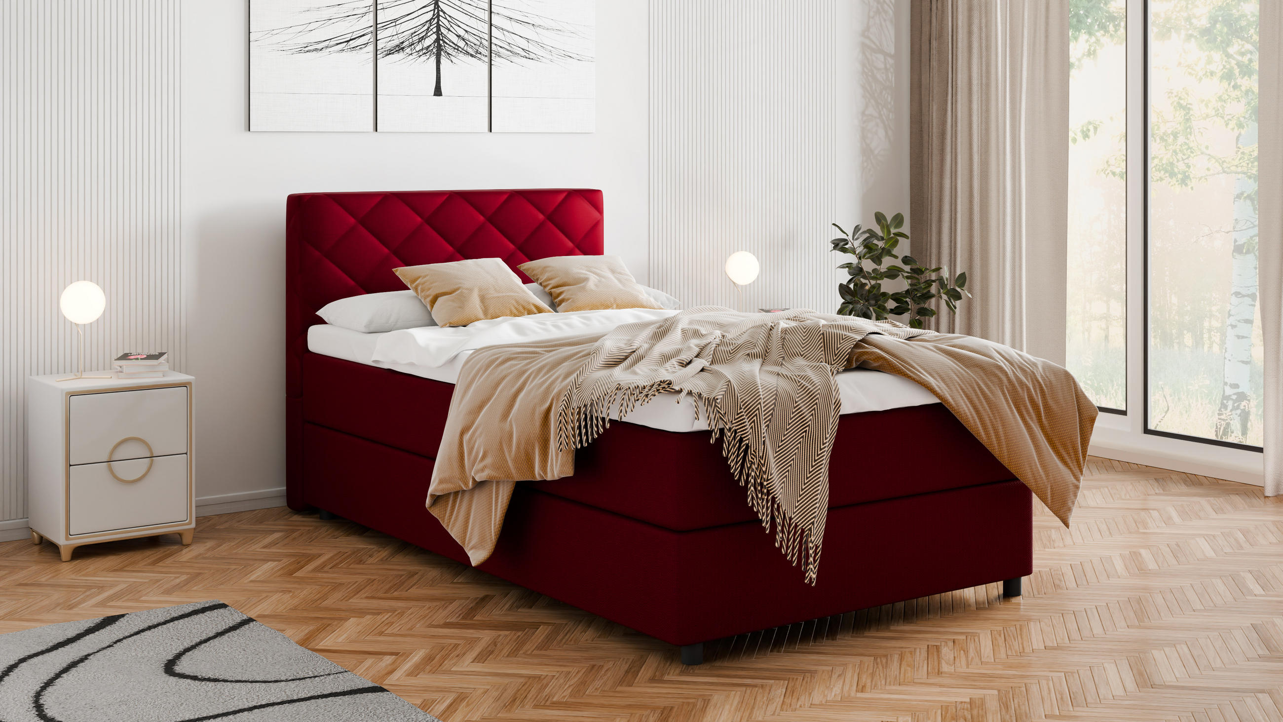 BOXBETT Diamaro 120x200 cm mit Bettkasten und Topper - Rot - Rot, Holz (120/215cm) - Panda Möbel