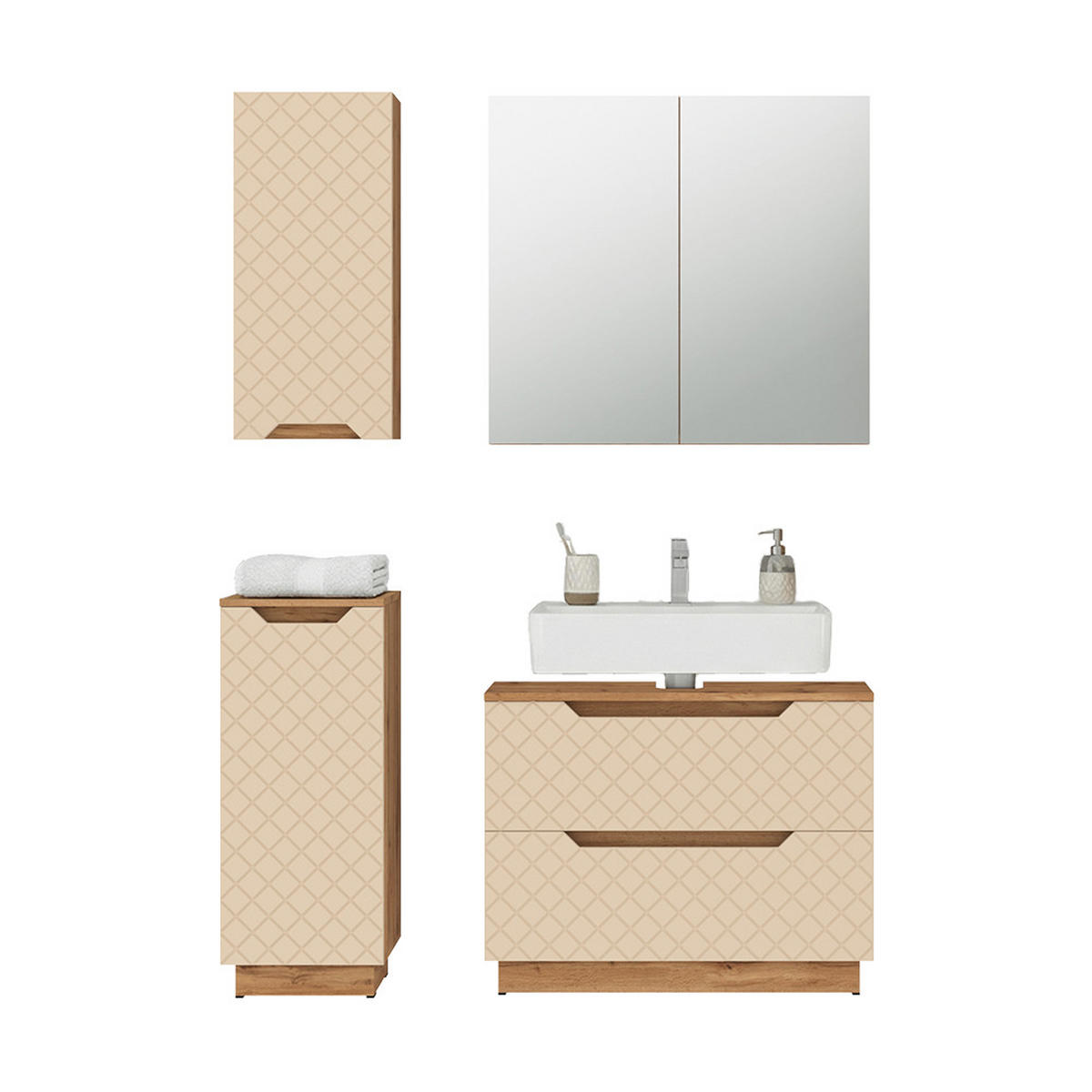 BADMÖBEL-SET Lotta Eiche/Kaschmir mit Kachelstruktur 4 Teile - Kaschmir/Eichefarben, Holzwerkstoff (79.6/62.5/32cm) - Vicco