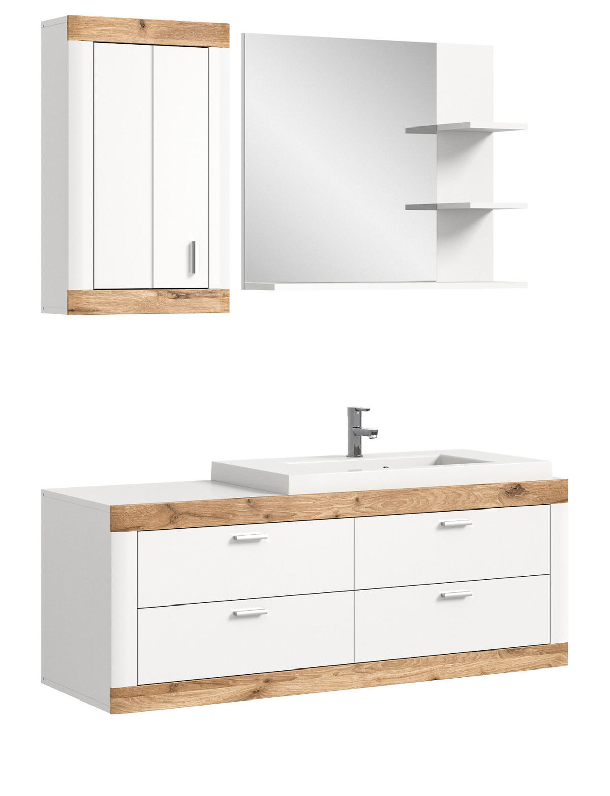 BADMÖBEL-SET 4-teilig weiß, Eiche 133 cm, Badschränke mit Waschbecken - Eichefarben/Weiß, Glas/Keramik (132/172/48cm) - Inn.Furn