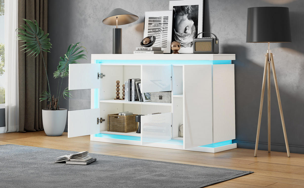 SIDEBOARD 140/40/84 cm mit 3 Türen, LED-Beleuchtung & Glastüren in Weiß - Weiß, Holzwerkstoff (140/84/40cm) - BEAOK