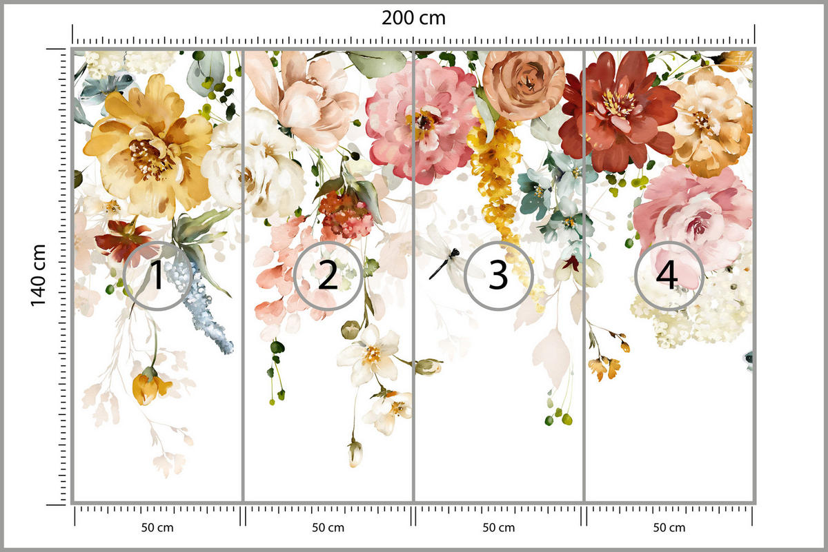 FOTOTAPETE für Schlafzimmer Aquarell Bunte Blumen Ranken Blätter 200x140 - Gelb/Rot, Papier (200/140cm) - Muralo