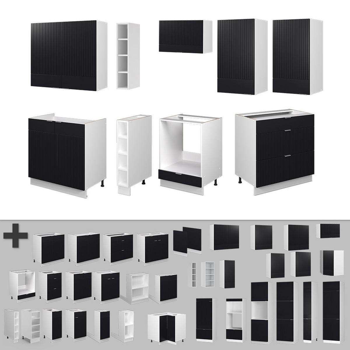 KÜCHENZEILE Fame-Line, Schwarz gestreift/Weiß, 235 cm, AP Eiche - Schwarz/Weiß, Holzwerkstoff (235/81.6/60cm) - Vicco