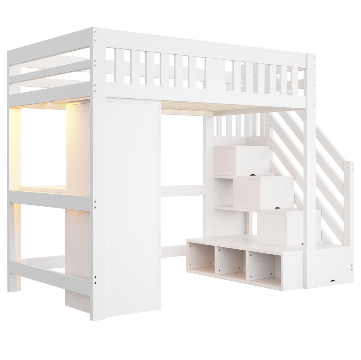 HOCHBETT 140/200 cm Weiß mit Stauraumtreppe, Schreibtisch und LED - Weiß, Holz (140/200cm) - MIVRAY