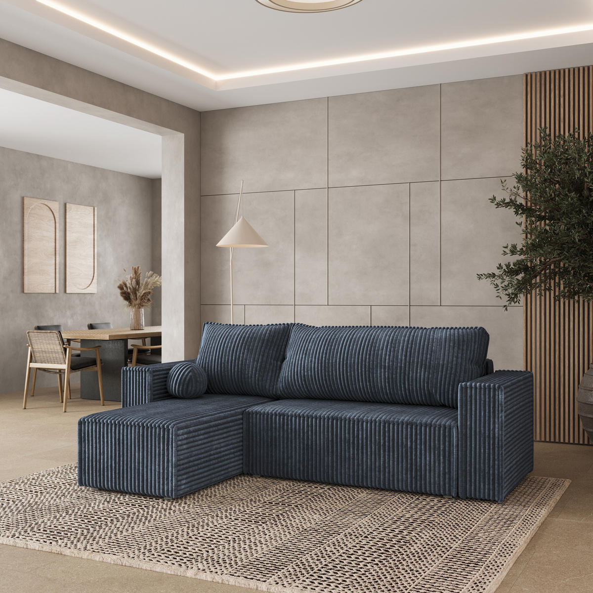 ECKSOFA RAVELO T Grau Kordstoff mit Schlaffunktion - Grau, Holz/Kunststoff (240/140cm) - MASSENO