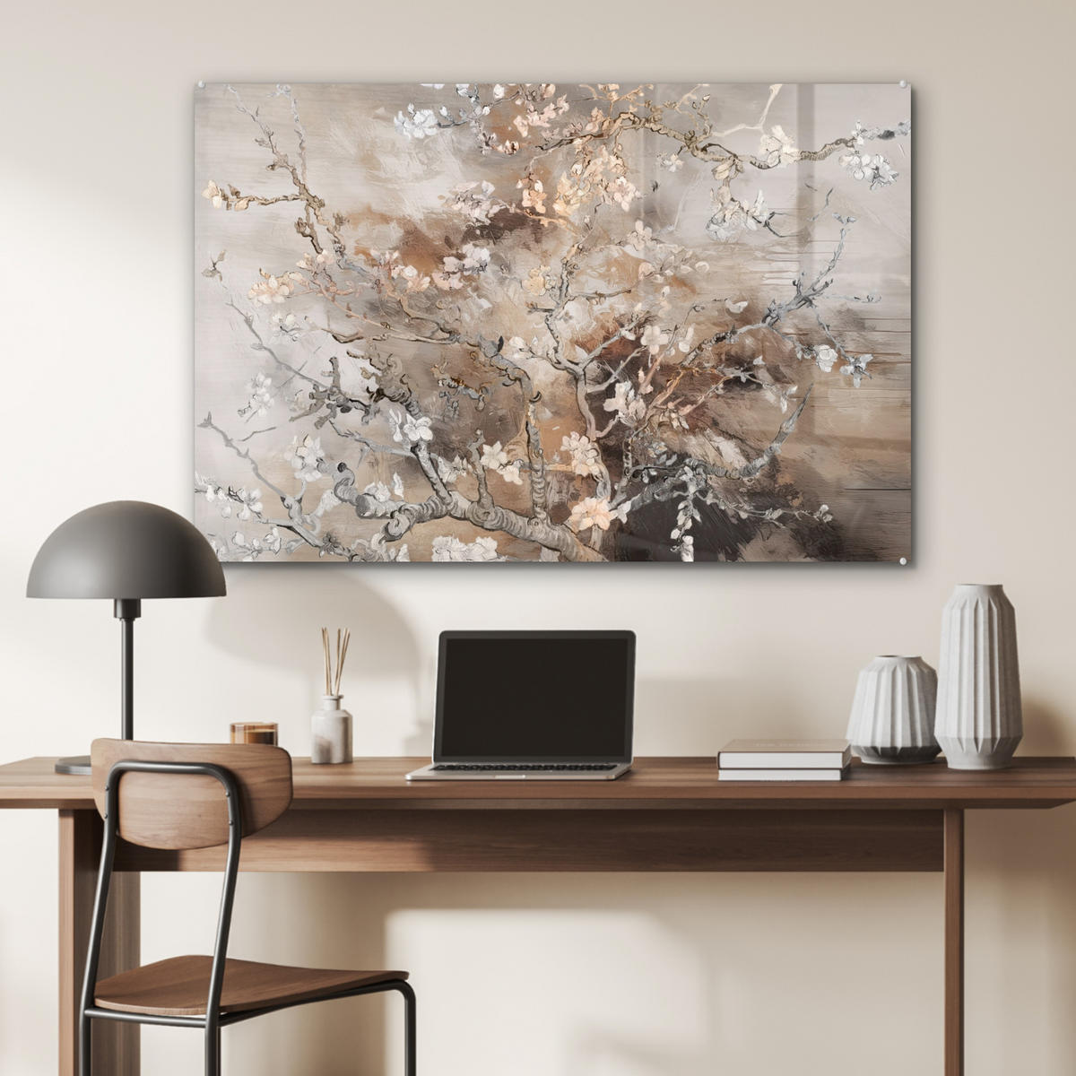 ACRYLGLASBILD Mandelblüte - Kunst - Van Gogh - Beige - Abstrakt 120x80 cm - Braun, Glas (120/80cm) - MuchoWow