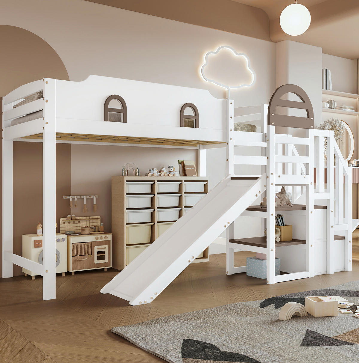 ETAGENBETT 90/200 cm mit Rutsche, Stauraumtreppe, Fenstern und Rundum-Absturzschutz aus Kiefer/MDF, Weiß - Weiß, Holzwerkstoff (90/200cm) - Redom