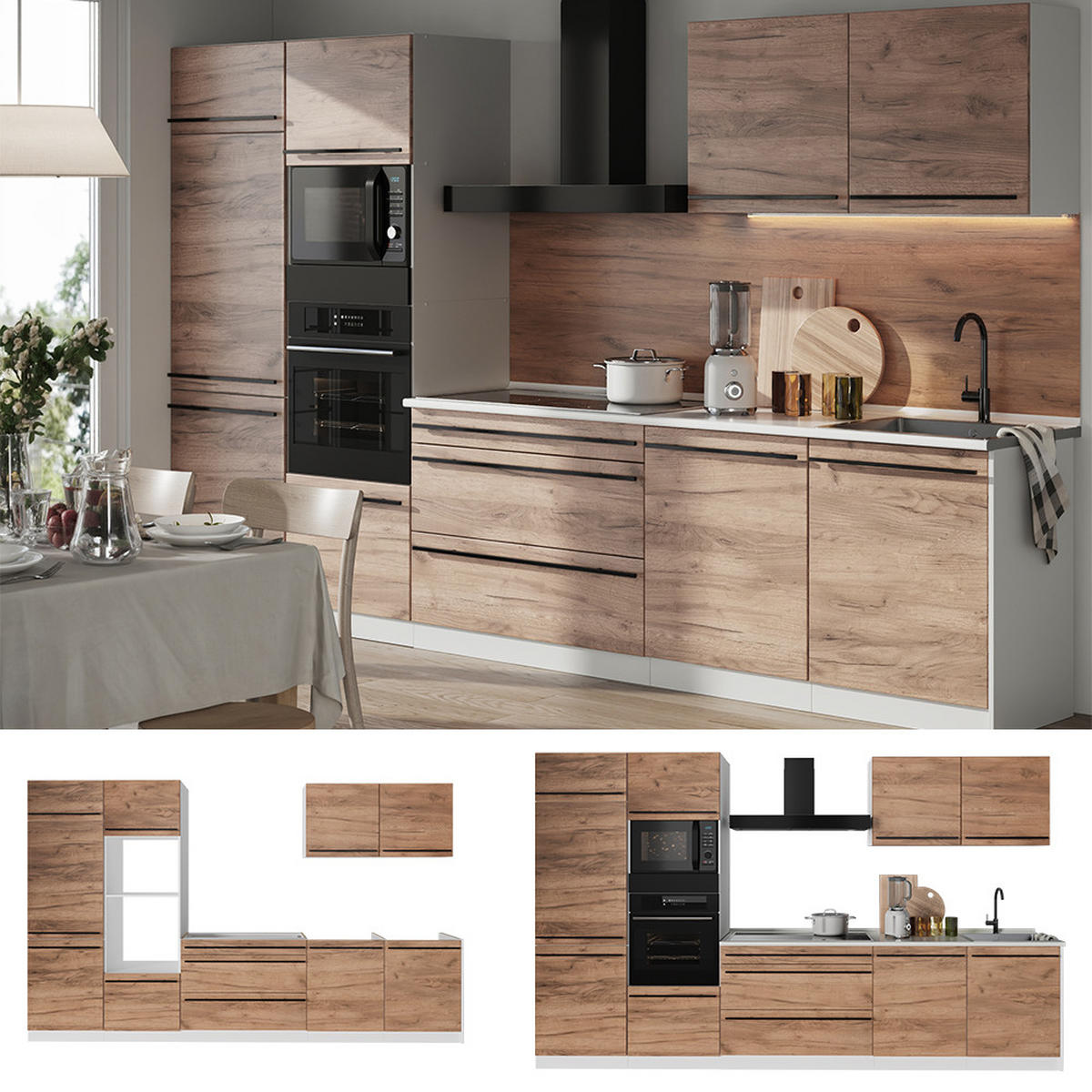 KÜCHENZEILE R-Line, Goldkraft Eiche/Weiß, 340 cm Arbeitsplatte Anthrazit - Honigeiche/Weiß, Holzwerkstoff (340/206.8/60cm) - Vicco