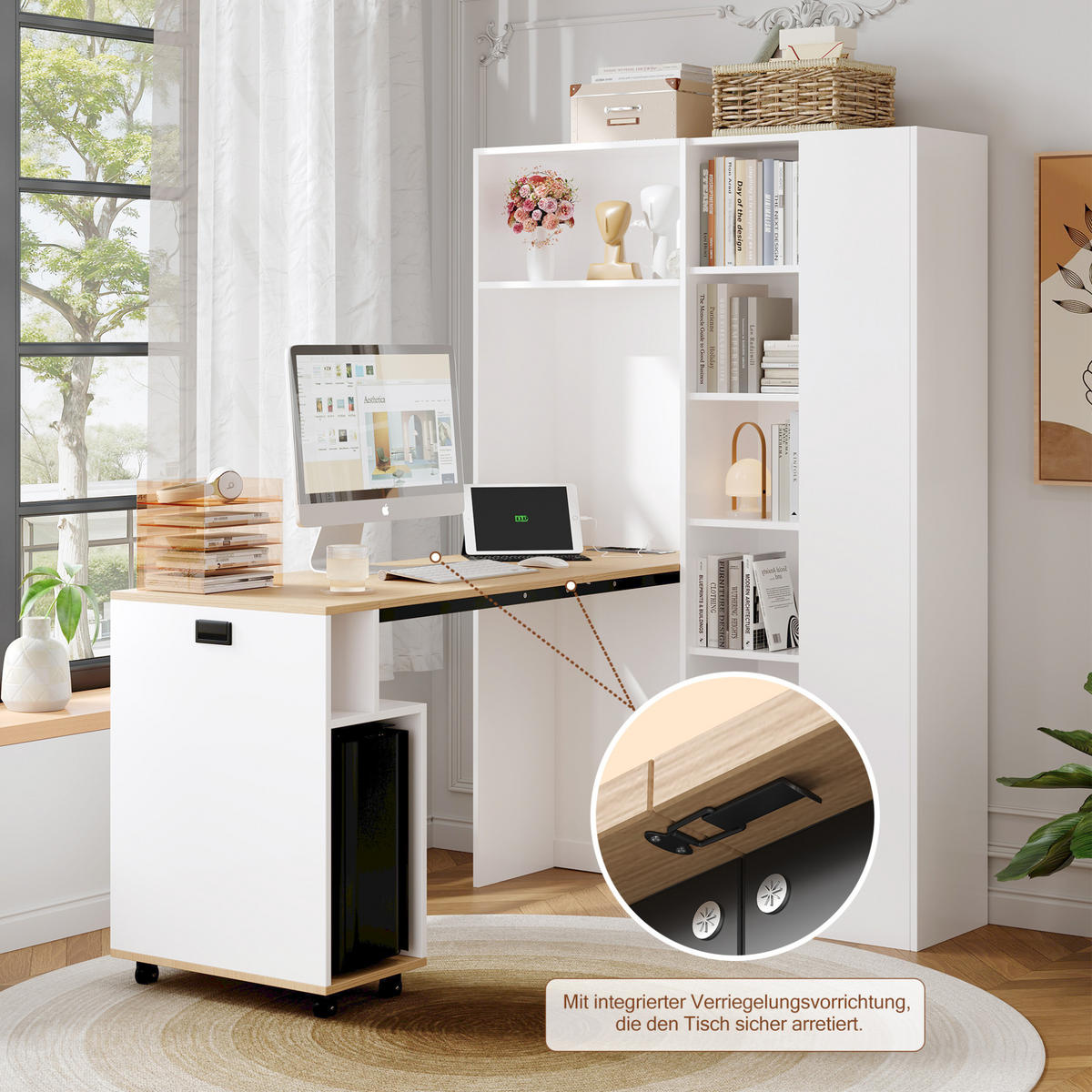 SCHREIBTISCH klappbar mit Regal 104,5 x 30,5 x 160 cm MDF White Oak - Weiß, Holz (104.5/30.5/160cm) - Meubliv