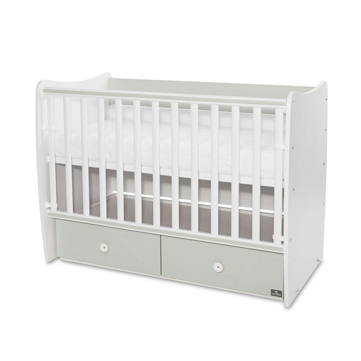 BABYBETT MATRIX NEW 120 x 60 cm grün 120 x 60 cm, Schaukelfunktion, 2 Schubladen, 2 Ebenen, Schlupfsprossen - Grün, Holzwerkstoff (60/120cm) - Lorelli