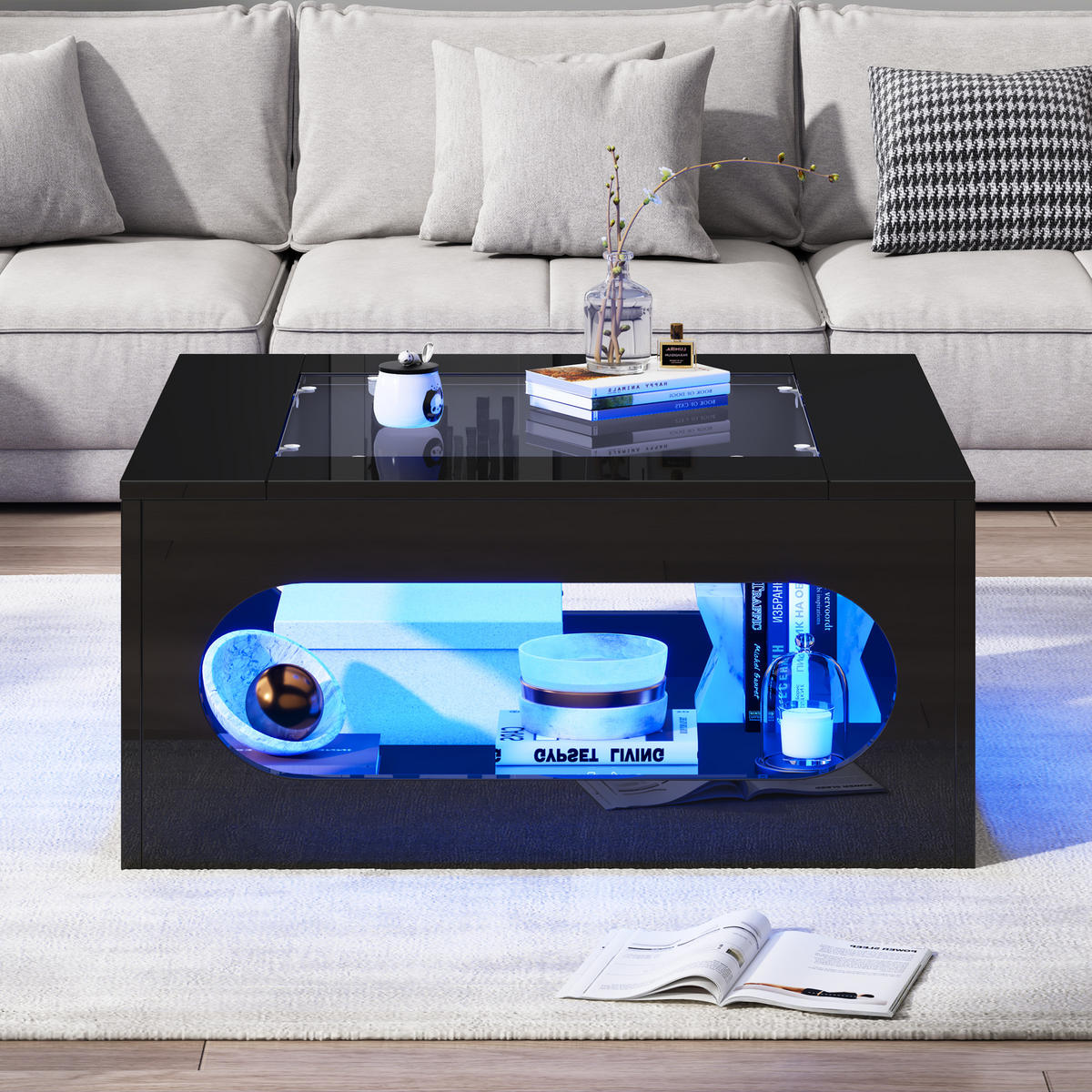 COUCHTISCH LED Schwarz 70x70x35cm Glas Hochglanz MDF Stauraum - Schwarz, Holzwerkstoff (70/70/35cm) - FLIEKS
