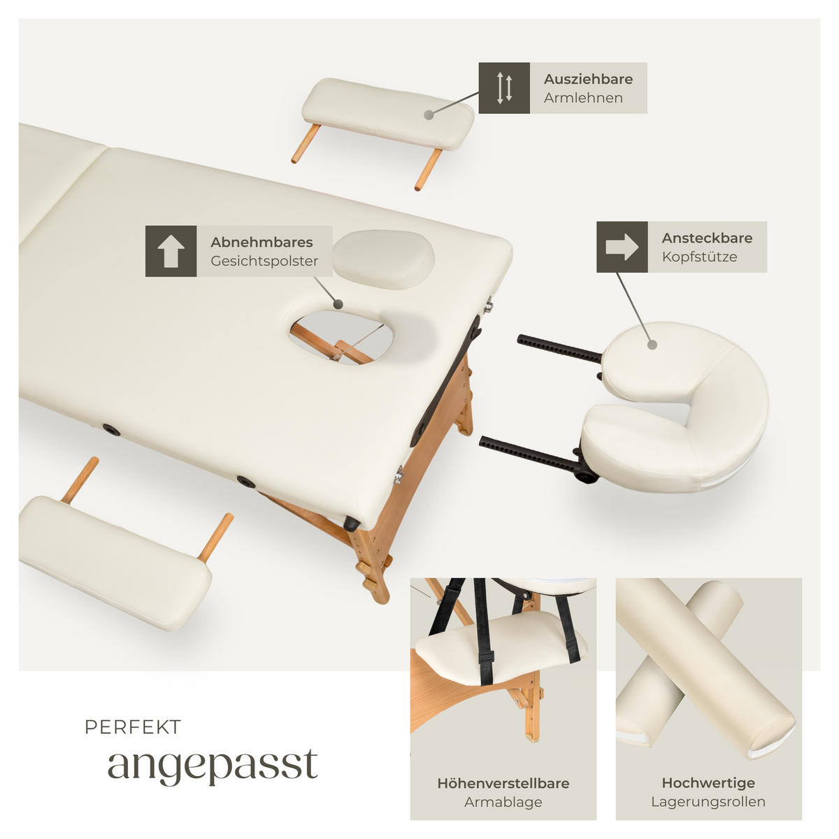 MASSAGELIEGE 2 Zonen Freddi,210 x 95 x 84 cm,beige - Beige, Holz (95/84/210cm) - tectake