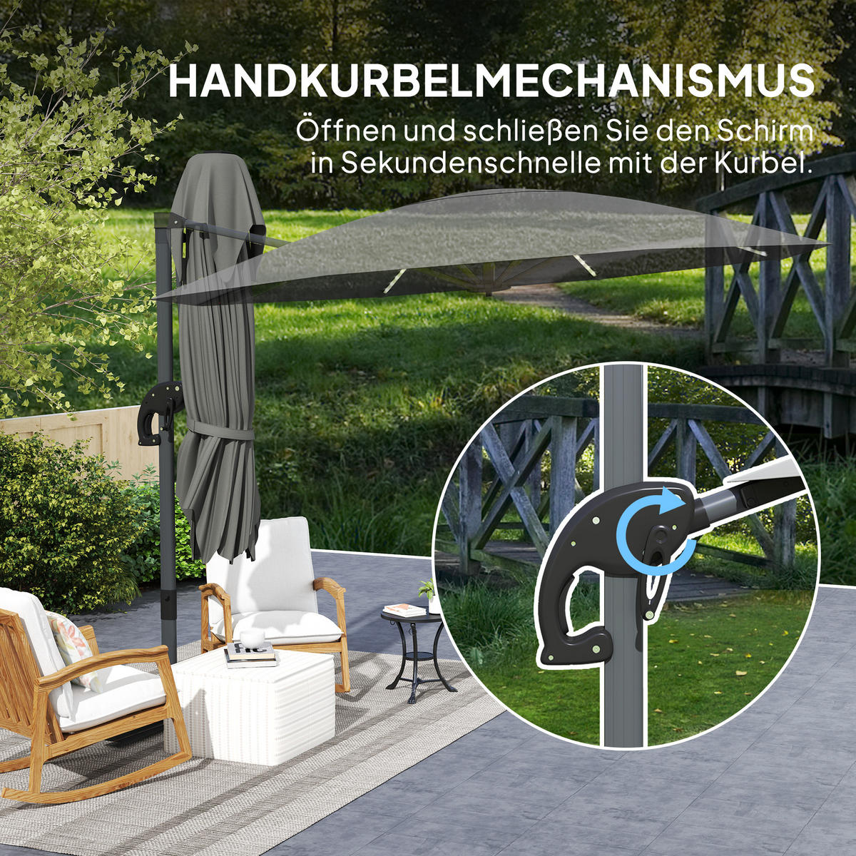 AMPELSCHIRM DE-05688 LED Solar, höhenverstellbar mit Kurbel Dunkelgrau - Dunkelgrau, Textil/Metall (294/360cm) - ComfortXL