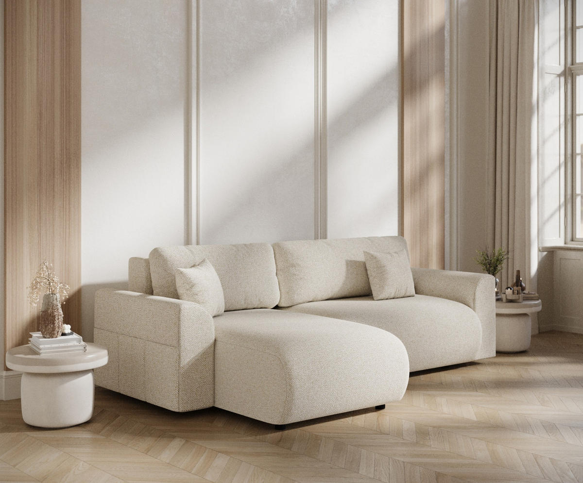 ECKSOFA MIT SCHLAFFUNKTION Bodega Creme Plüschstoff - Creme/Schwarz, Holz/Holzwerkstoff (235/138cm) - Maison de Reve