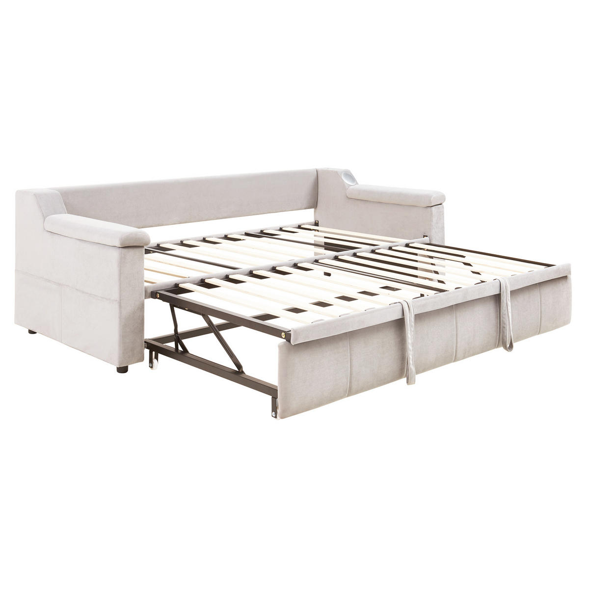 SCHLAFSOFA aus Samtstoff 90/180x190 cm Beige mit Bluetooth-Stereo, USB-Anschluss, Ablagefächern und hydraulischem Auszug - Beige, Textil (216/69/97cm) - Modfu