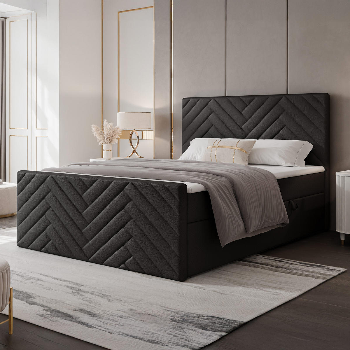 BOXBETT NEREA PLUS 200/200 cm mit Matratze und Topper, Schwarz - Schwarz, Holzwerkstoff/Textil (200/200cm) - Idohome