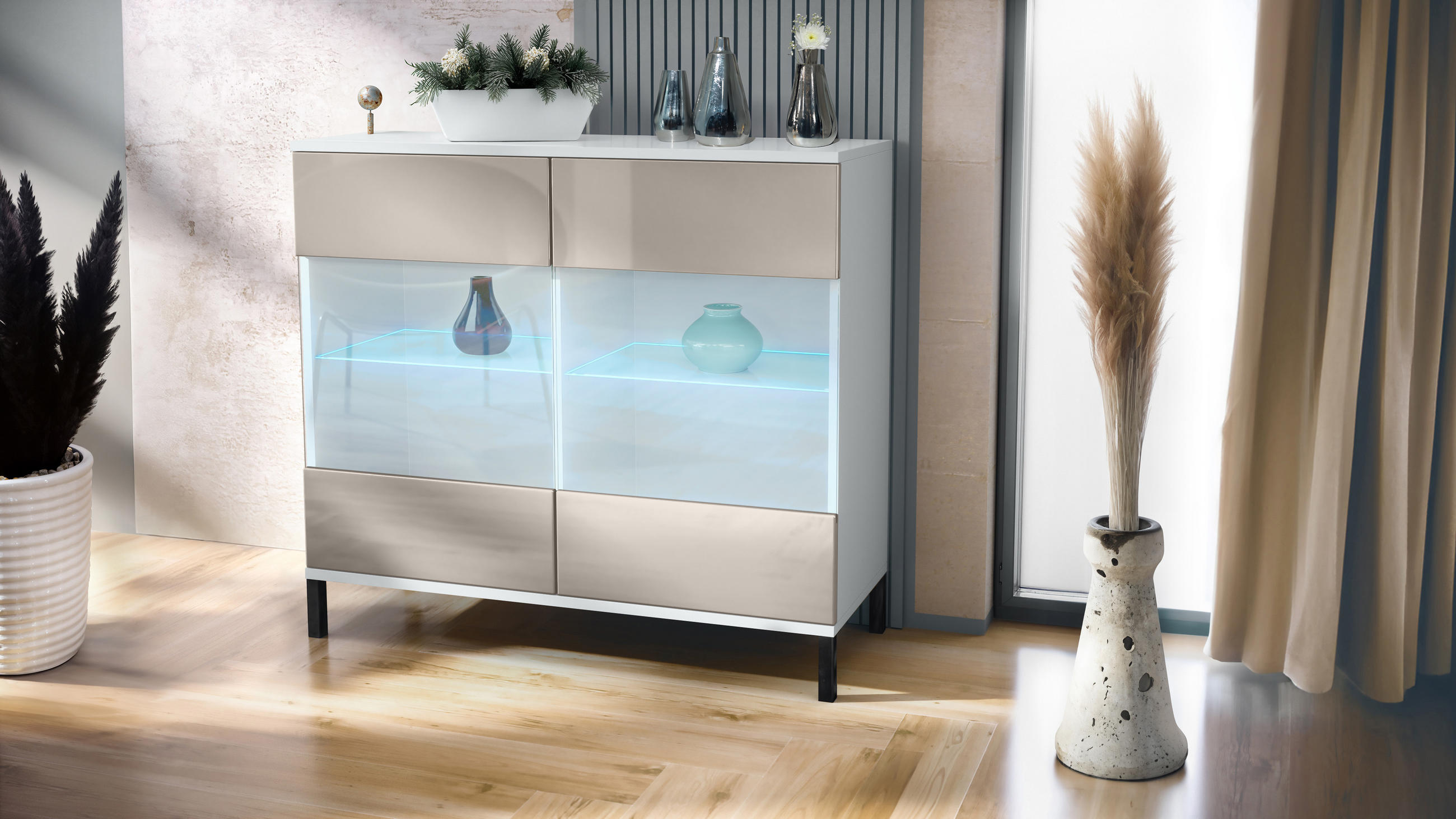 KOMMODE Bari Sandgrau Hochglanz - Sandfarben, Holzwerkstoff (92.5/83.5/35cm) - Vladon
