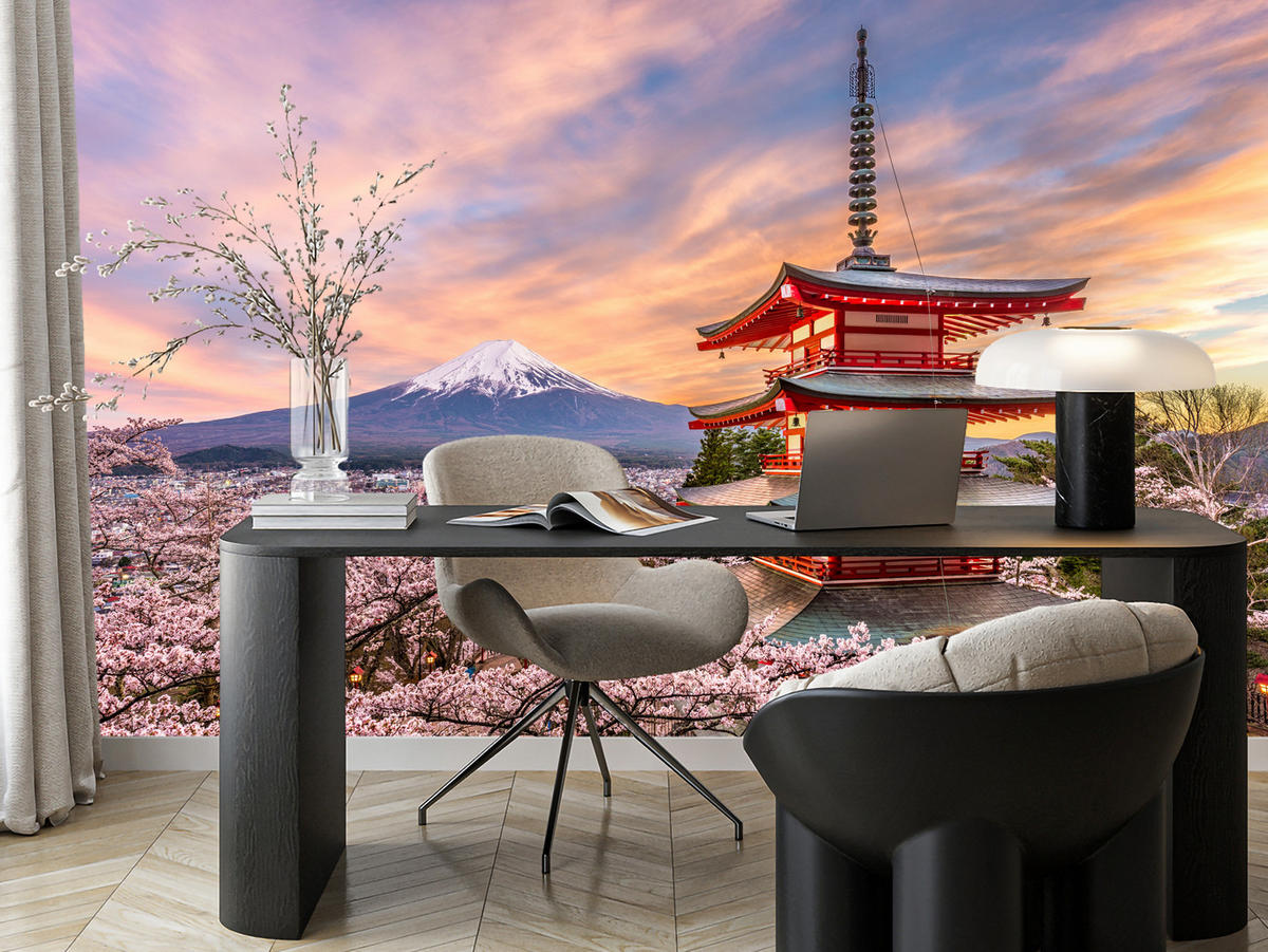 FOTOTAPETE für Wohnzimmer Japanische Pagode Frühling Sonnenuntergang 150x105 - Rot/Violett, Papier (150/105cm) - Muralo