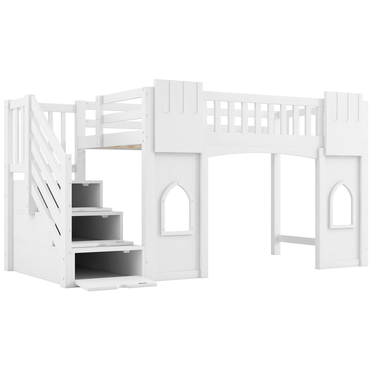 VYSOKÁ posteľ 90/200 cm biela z MDF a borovice s úložnými schodmi a oknami - biela, kompozitné drevo (90/200cm) - OKWISH