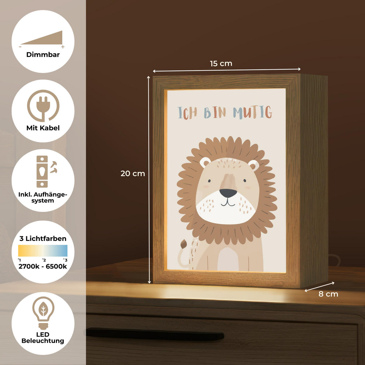 WANDLEUCHTE Löwe - Beige - Tier - Mutig - Zitat 15x20 cm - Beige, Holzwerkstoff (15/20/8cm) - OnlyWow