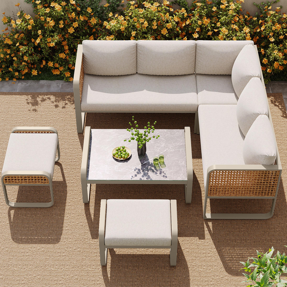 GARTEN-LOUNGE-SET aus Rattan & Metallgestell, inkl. Kissen, 120/61/69 cm, Beige - Beige, Metall - Redom