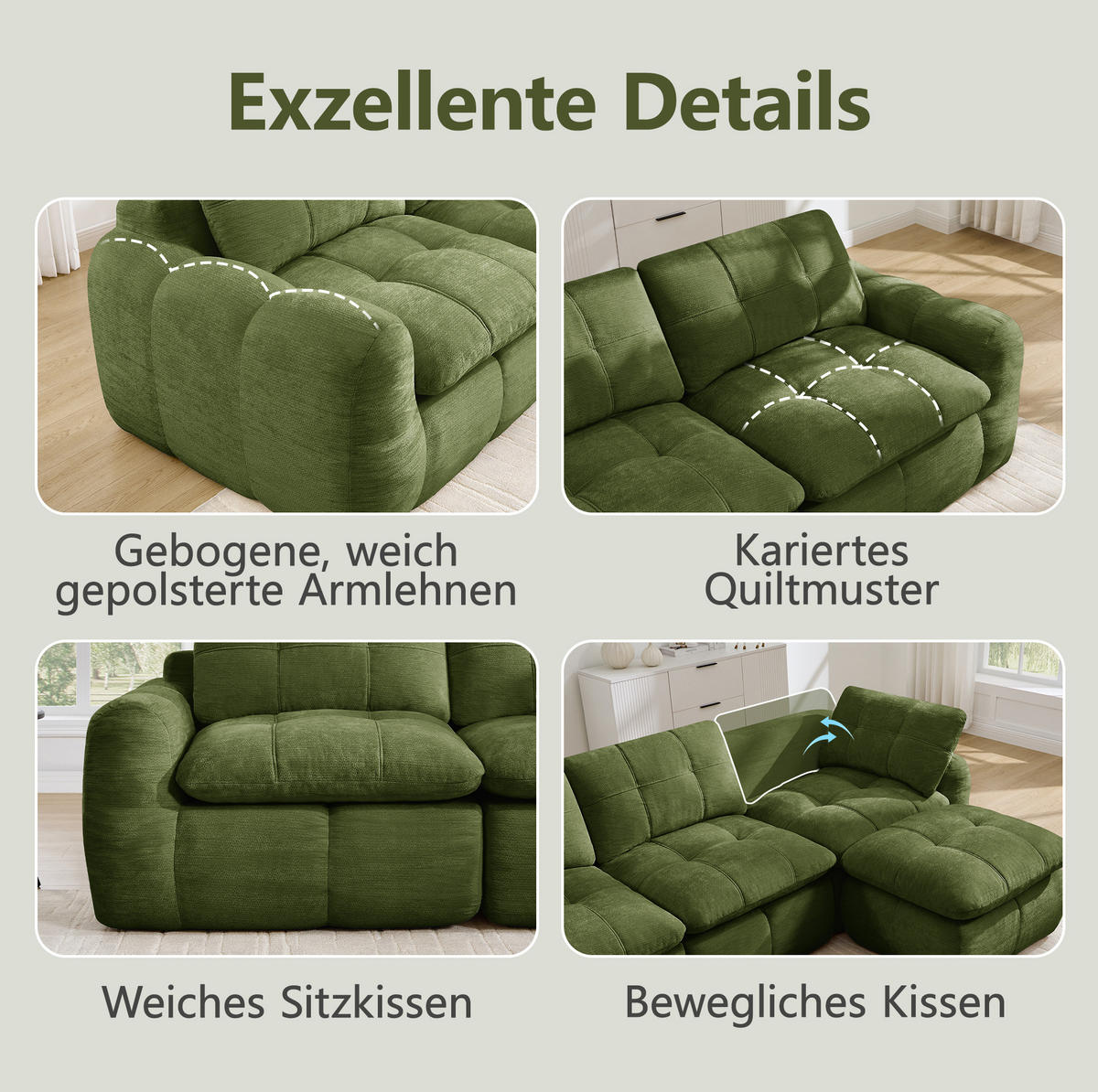 SOFA 194/97/68 cm in Grün mit Chenillebezug und hoher Formstabilität - Grün, Textil (97/68/194cm) - Flora Grace