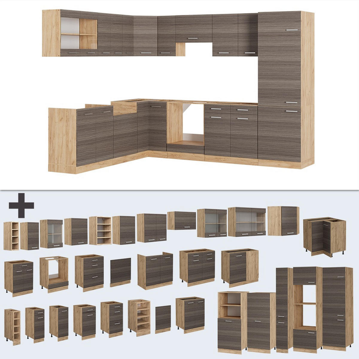 ROHOVÁ KUCHYŇ R-Line Ušlechtilý šedý/zlatý dub - šedá/medově dubová, kompozitní dřevo (287/81.6/60cm) - Vicco