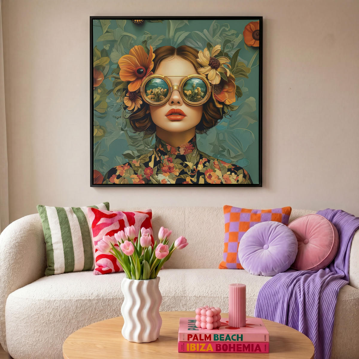 LEINWAND Bilder mit Rahmen - Frau - Blumen - Schmetterlinge - Natur - Vintage - 90x90 - Salbeigrün, Textil (90/90cm) - MuchoWow