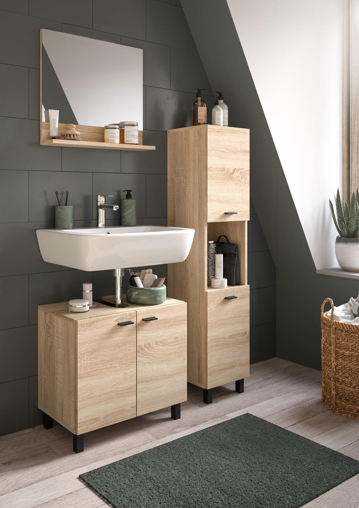 BADMÖBEL-SET Eiche 3-teilig 100 cm, Komplettset hängend oder stehend - Eichefarben, Glas/Holzwerkstoff (102/186/33cm) - Inn.Furn