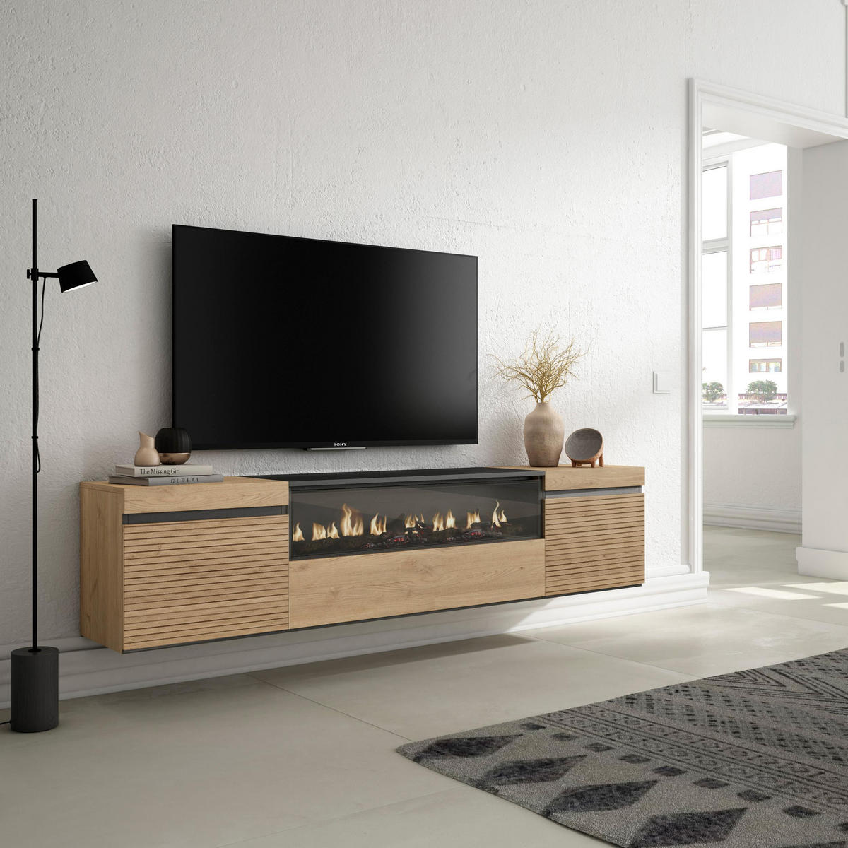 TV-SCHRANK eiche, mit Elektrokamin, Hängend, 200/35/45cm - Eichefarben, Holzwerkstoff (200/45/35cm) - Skraut Home