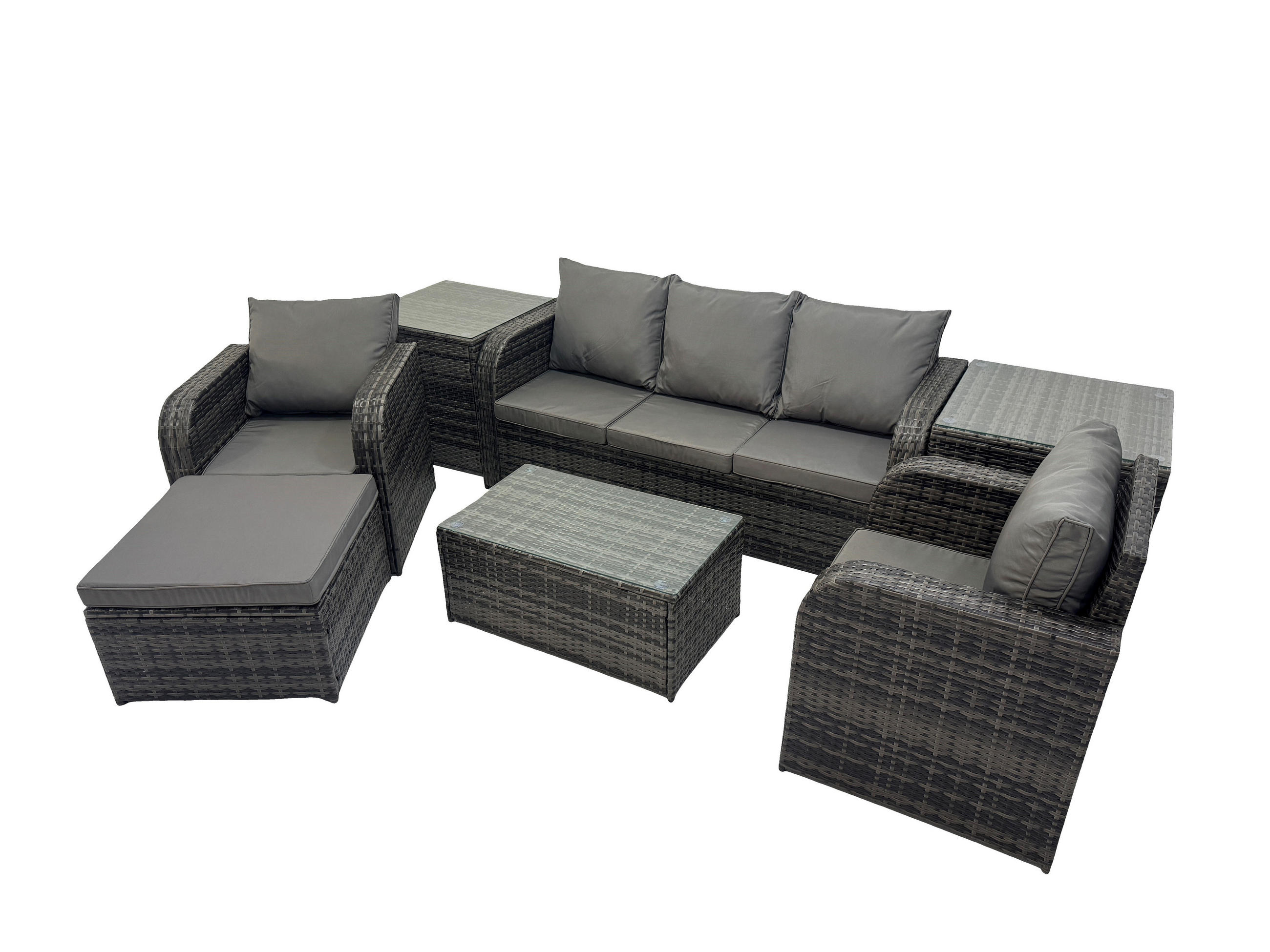 GARTENMÖBELSET mit Couchtisch Polyrattan 6-Sitzer - Dunkelgrau/Grau, Glas/Kunststoff - Fimous