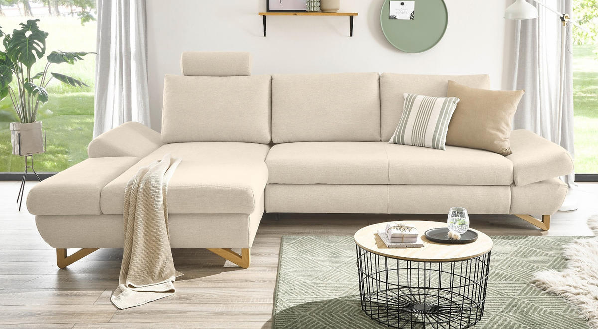 ECKSOFA creme Velours, Wohnzimmer Sofa - Creme, Holz/Textil (166/284cm) - Furn.Design