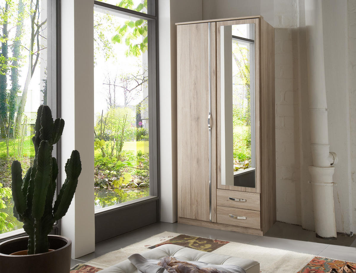 KLEIDERSCHRANK Duo in Eiche San Remo mit Aufleistungen in Chrom 91x199x58 cm (BxHxT) – Drehtürenschrank 91 cm Breite - Braun, Holzwerkstoff (120/200/80cm)
