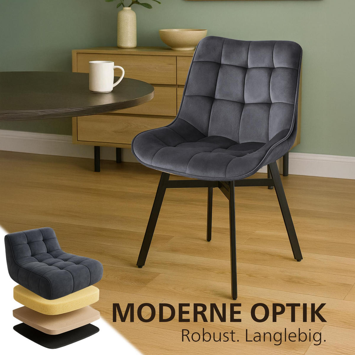 ESSZIMMERSTUHL Samt Dunkelgrau - Dunkelgrau/Schwarz, Textil/Metall (54/83/61cm) - CLP