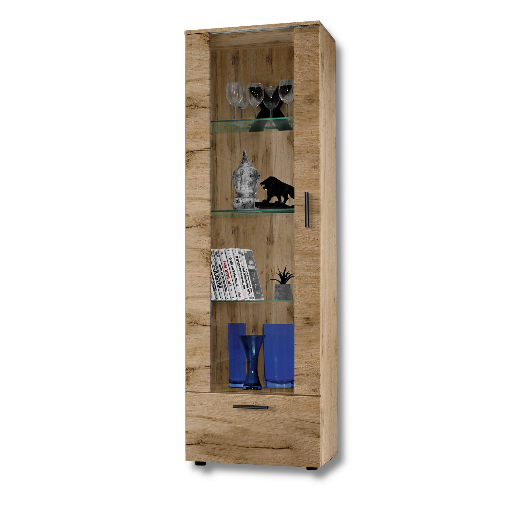 VITRINE ALESSANDRIA, Wotan - Eiche Wotan/Schwarz, Glas/Holzwerkstoff (60/192/42cm) - Komodee