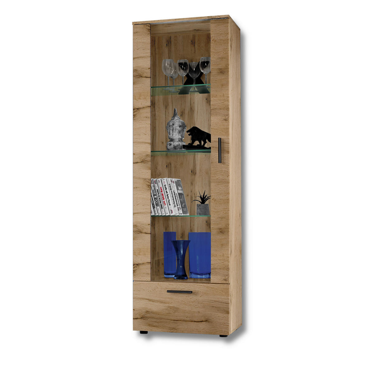 VITRINE ALESSANDRIA, Wotan - Eiche Wotan/Schwarz, Glas/Holzwerkstoff (60/192/42cm) - Komodee