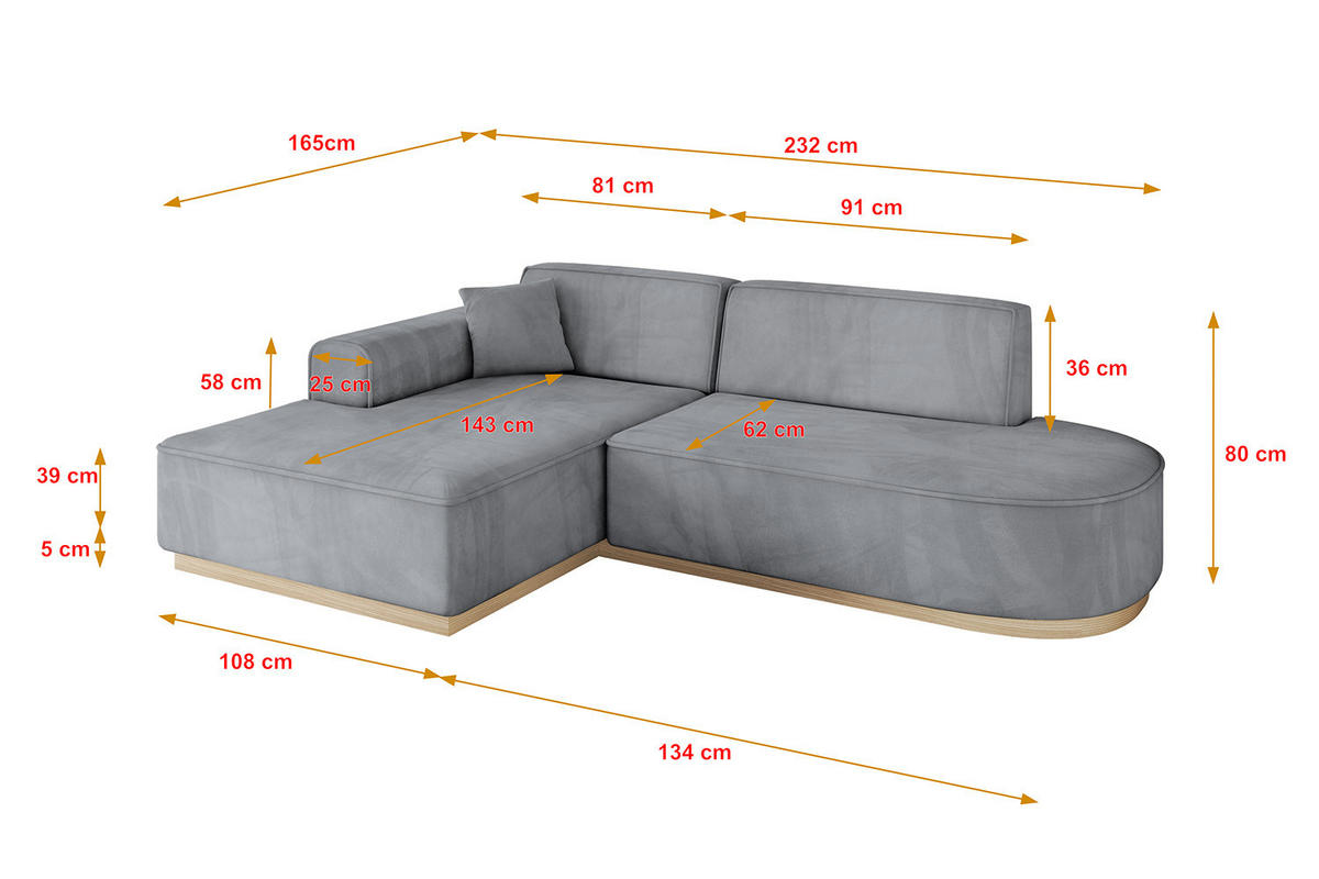 ECKSOFA Ottomane Links IREA-L1 - 232x165x80 cm Grau - Titanfarben, Holzwerkstoff/Textil (232/165cm) - ALTDECOR