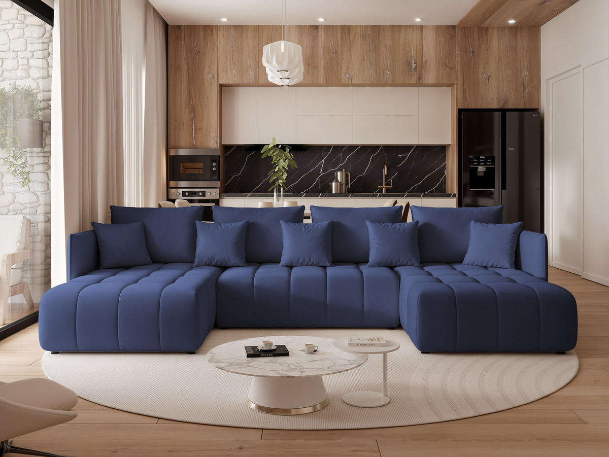 WOHNLANDSCHAFT OLIMPIA mit Schlaffunktion und Bettkasten Marineblau - Dunkelblau, Holzwerkstoff/Kunststoff (300/85/90cm) - Idohome