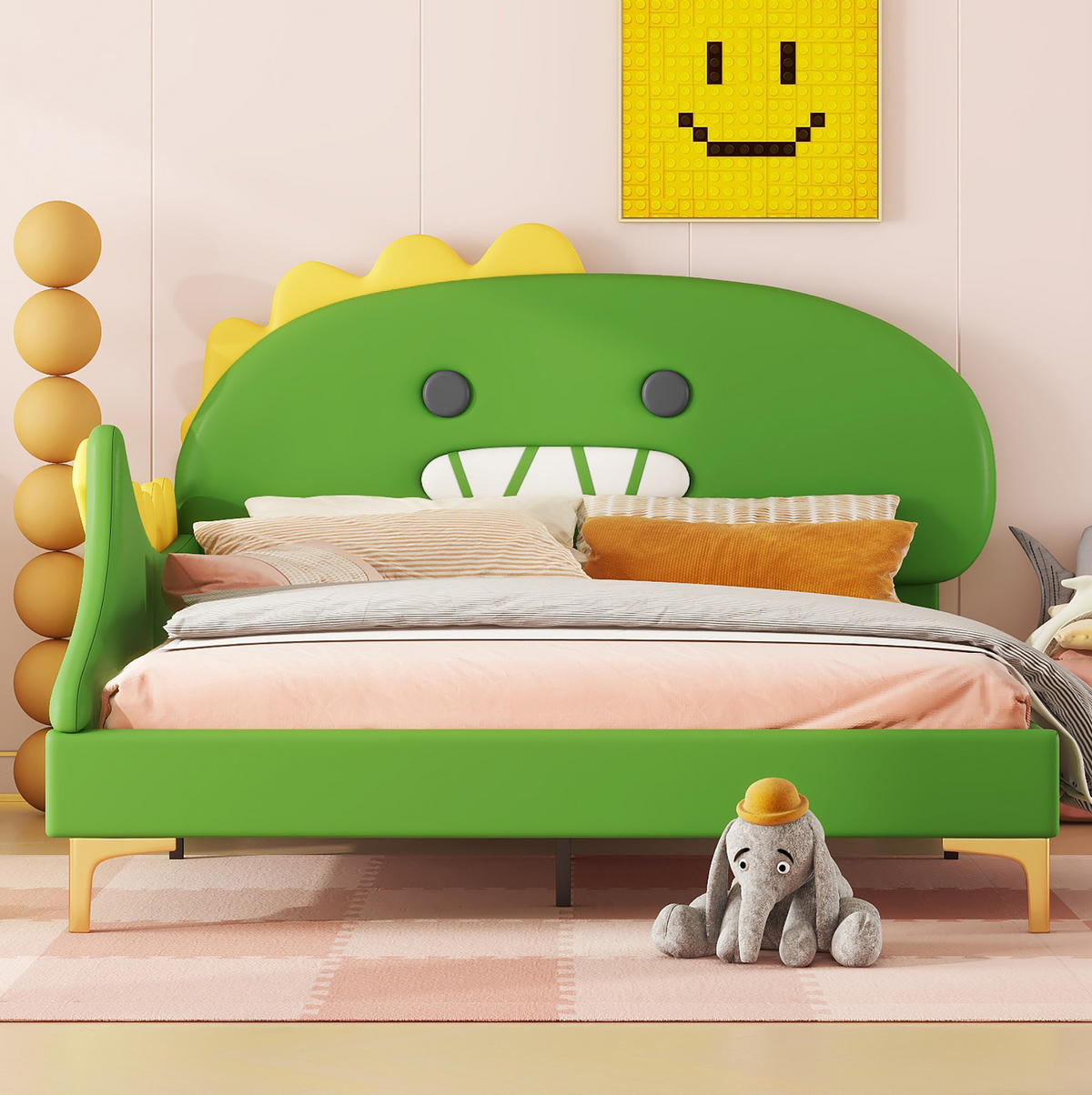 KINDERBETT 140/200 cm Dinosaurier Form PU Material Grün - Grün, Leder (140/200cm) - OKWISH