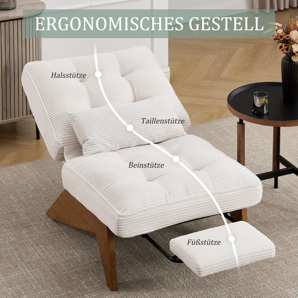 SCHAUKELSTUHL Beige Cord mit Fußstütze, Lendenkissen und Holzbeinen - Beige, Textil (73/90/127cm) - Oxeza